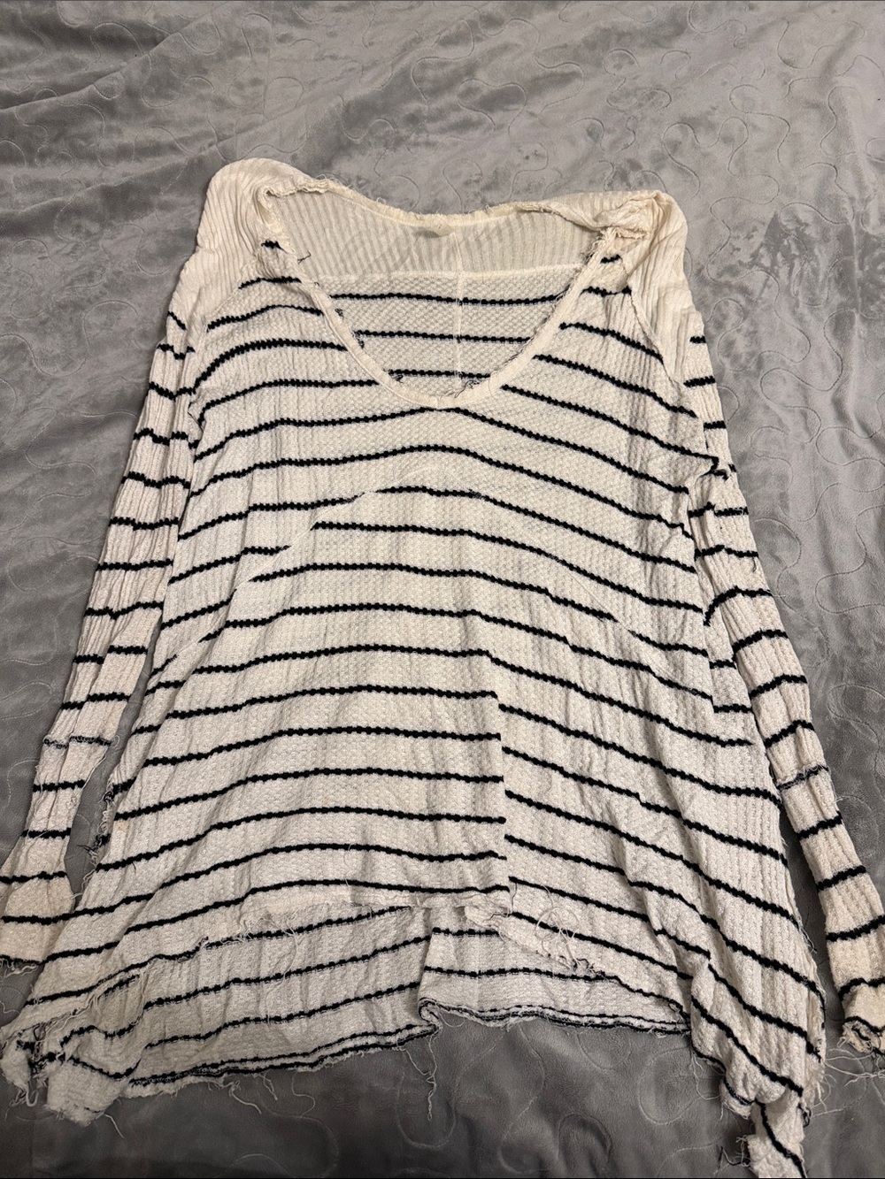 Free People White and Black Striped V-Neck Lightweight Sweater